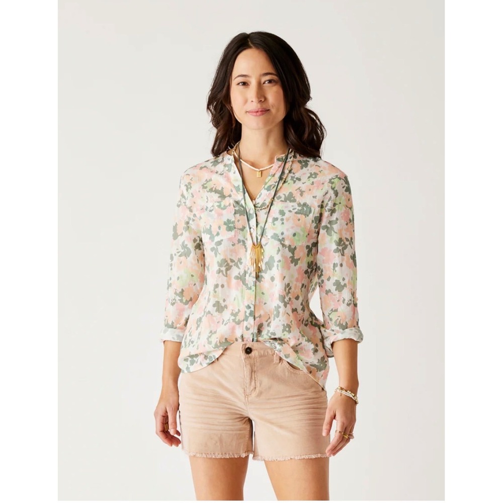 Carve Designs Womens Organic Cotton Floral Band Collar Button Down Shirt Small